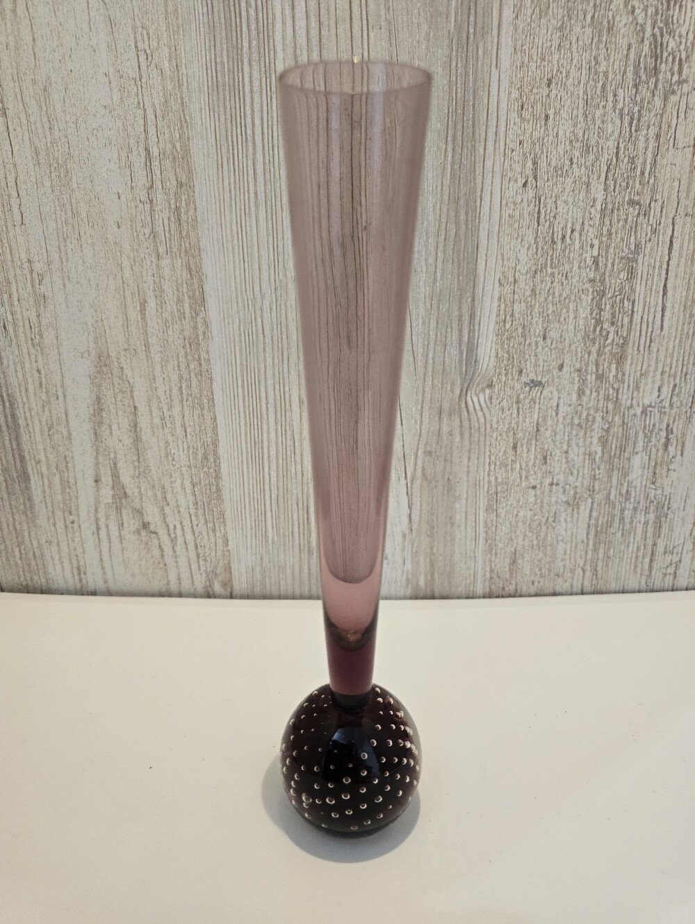 Vintage Amethyst Controlled Bubble Hand Blown Art Glass Bud Vase 8” Tall MCM